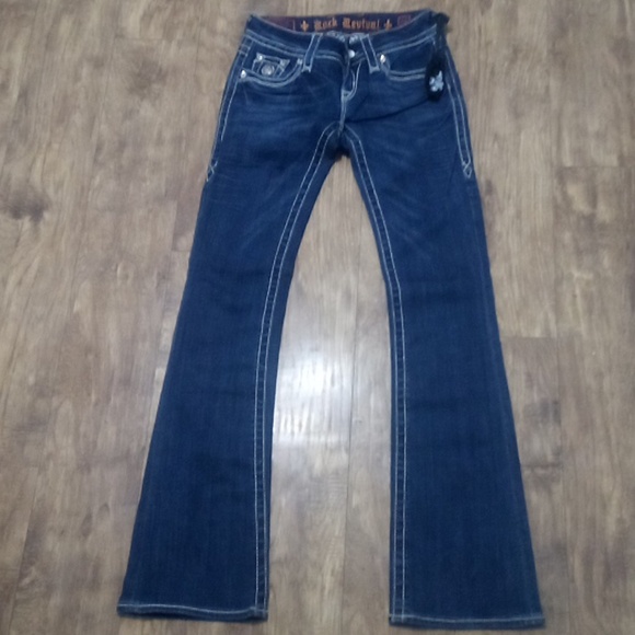 Rock Revival Women's 26 Bootcut Celine Bejeweled Faux Leather Flap Pockets NWOT - Picture 2 of 12